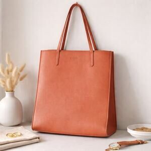 Jaeger Women's Genuine Leather Vertical Tote Bag- Orange-Footed